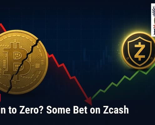 Fostoria News Bitcoin and Zcash cryptocurrency icons with declining and rising graphs.